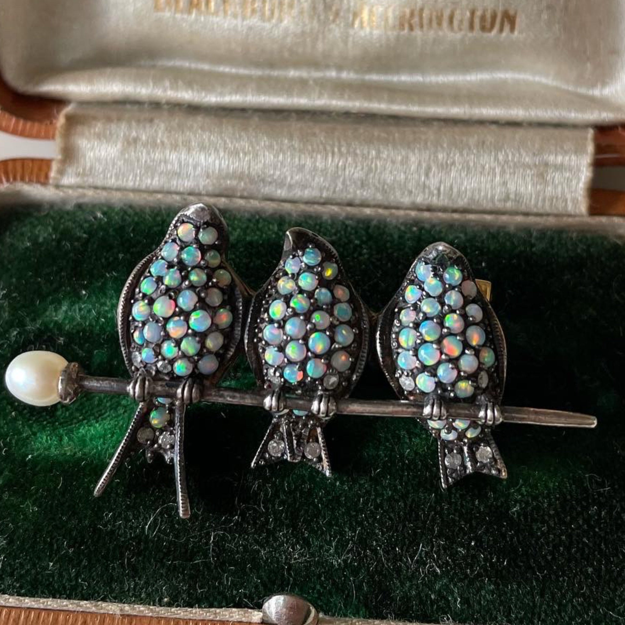 Three Little Birds Antique Bar Brooch with Opals and Diamonds