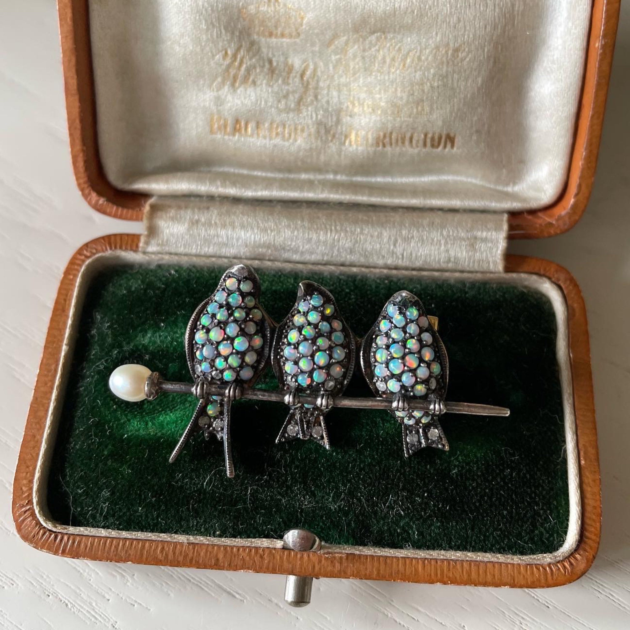 Three Little Birds Antique Bar Brooch with Opals and Diamonds