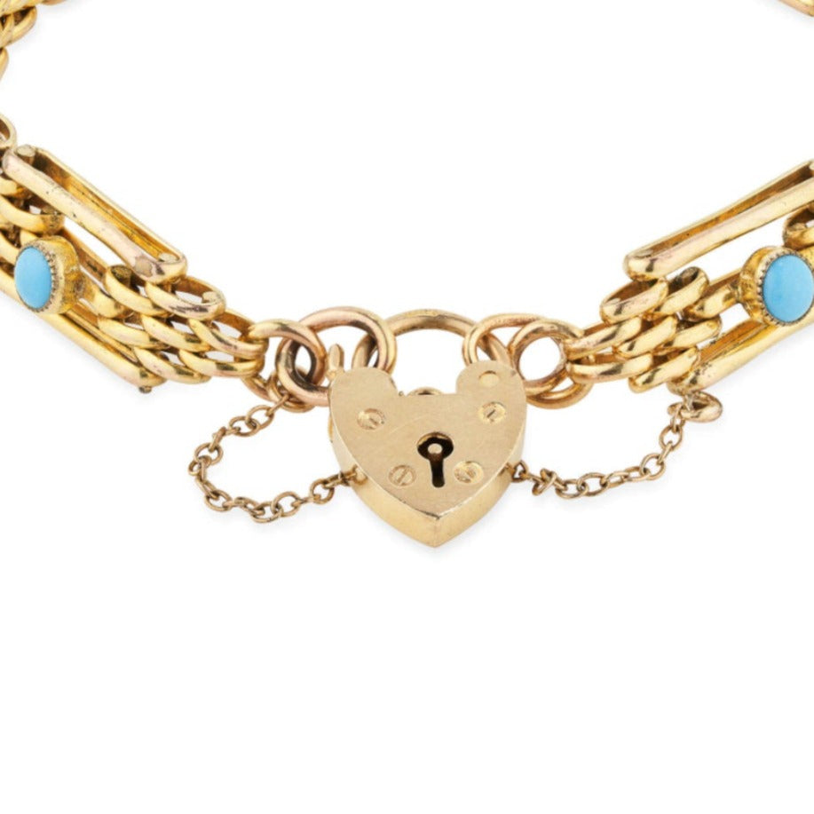 Sweethearts Together Vintage Gold Gate-Link Bracelet with Turquoise + Pearls