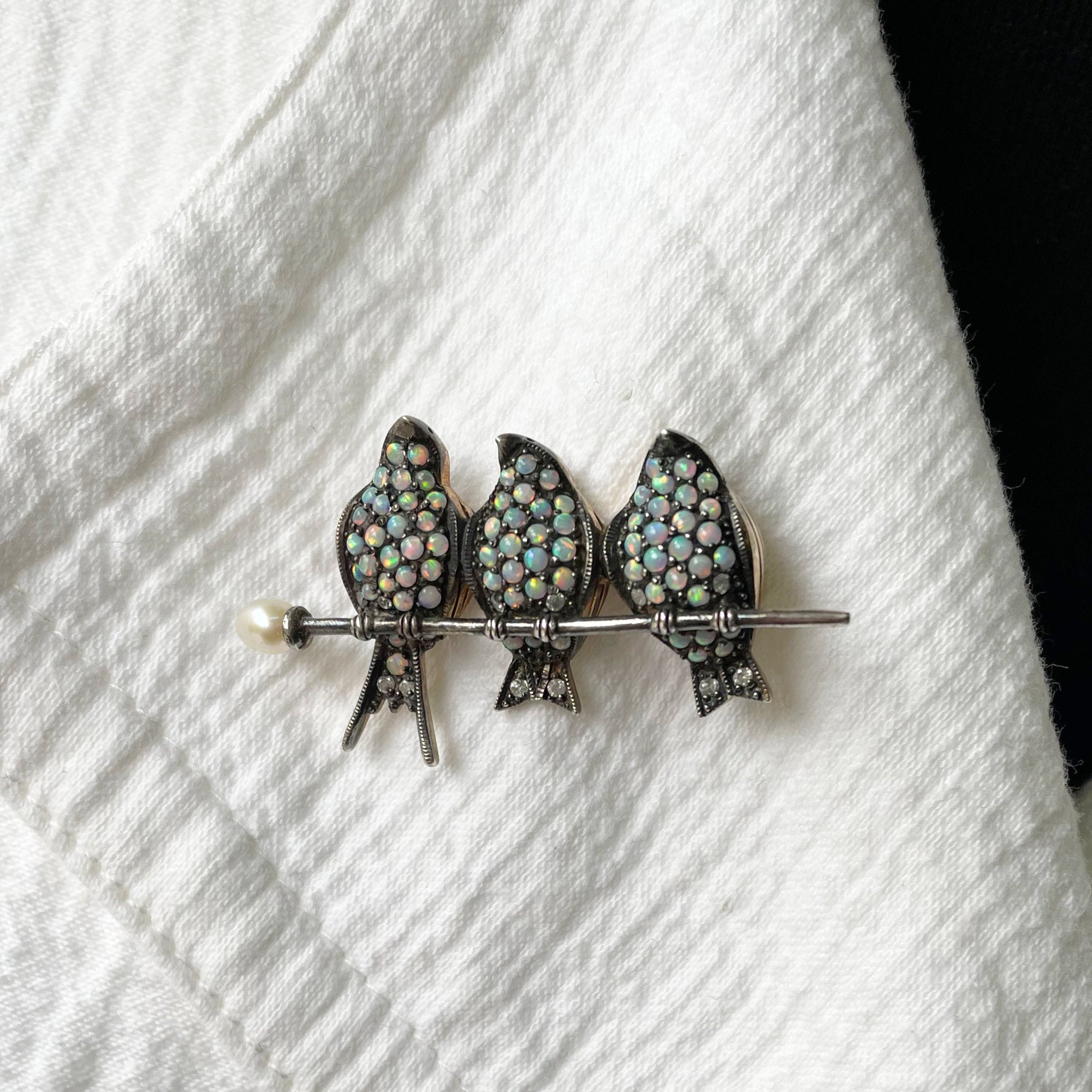 Three Little Birds Antique Bar Brooch with Opals and Diamonds