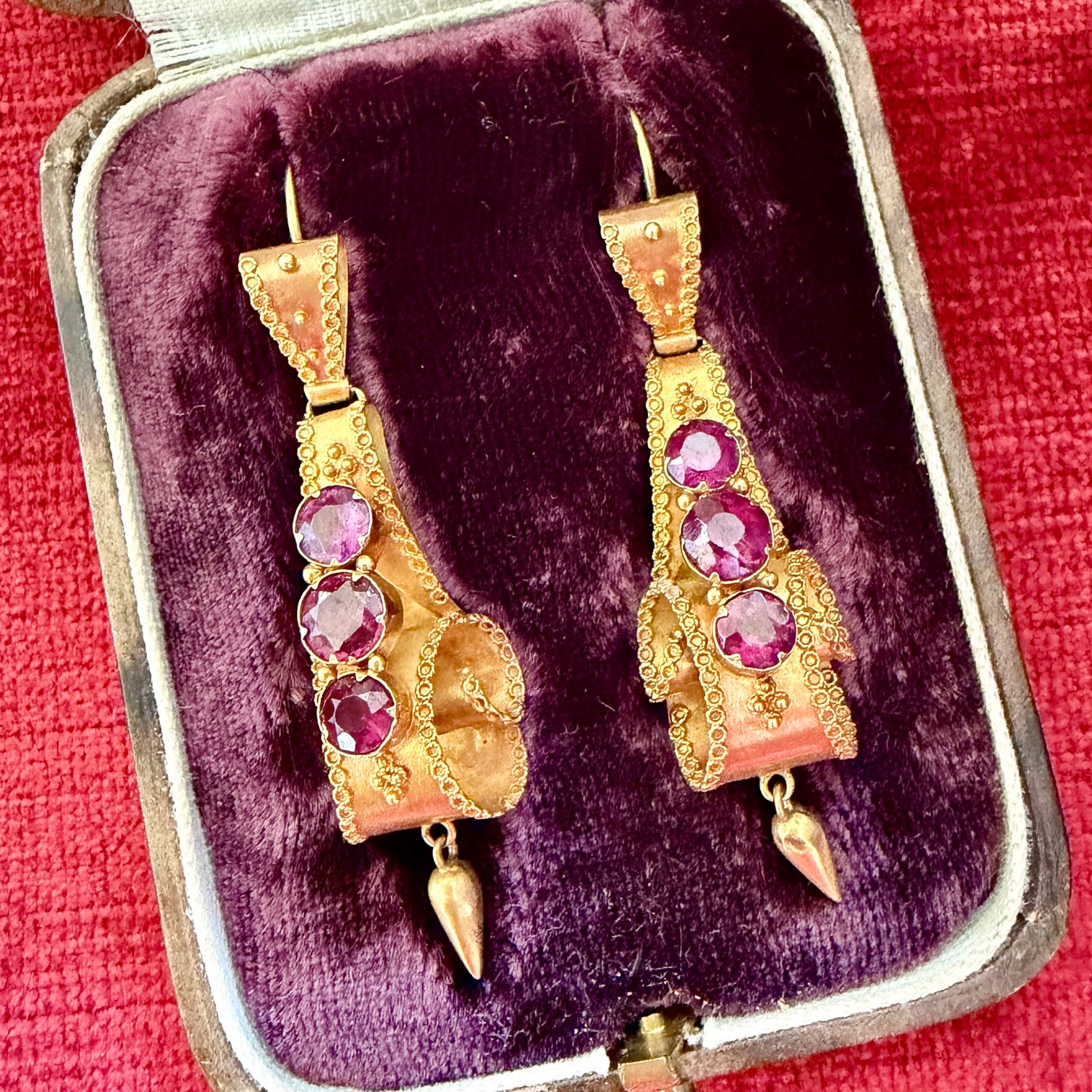Burning Up Antique Etruscan Revival 18-carat Gold and Almandine Garnet Earrings