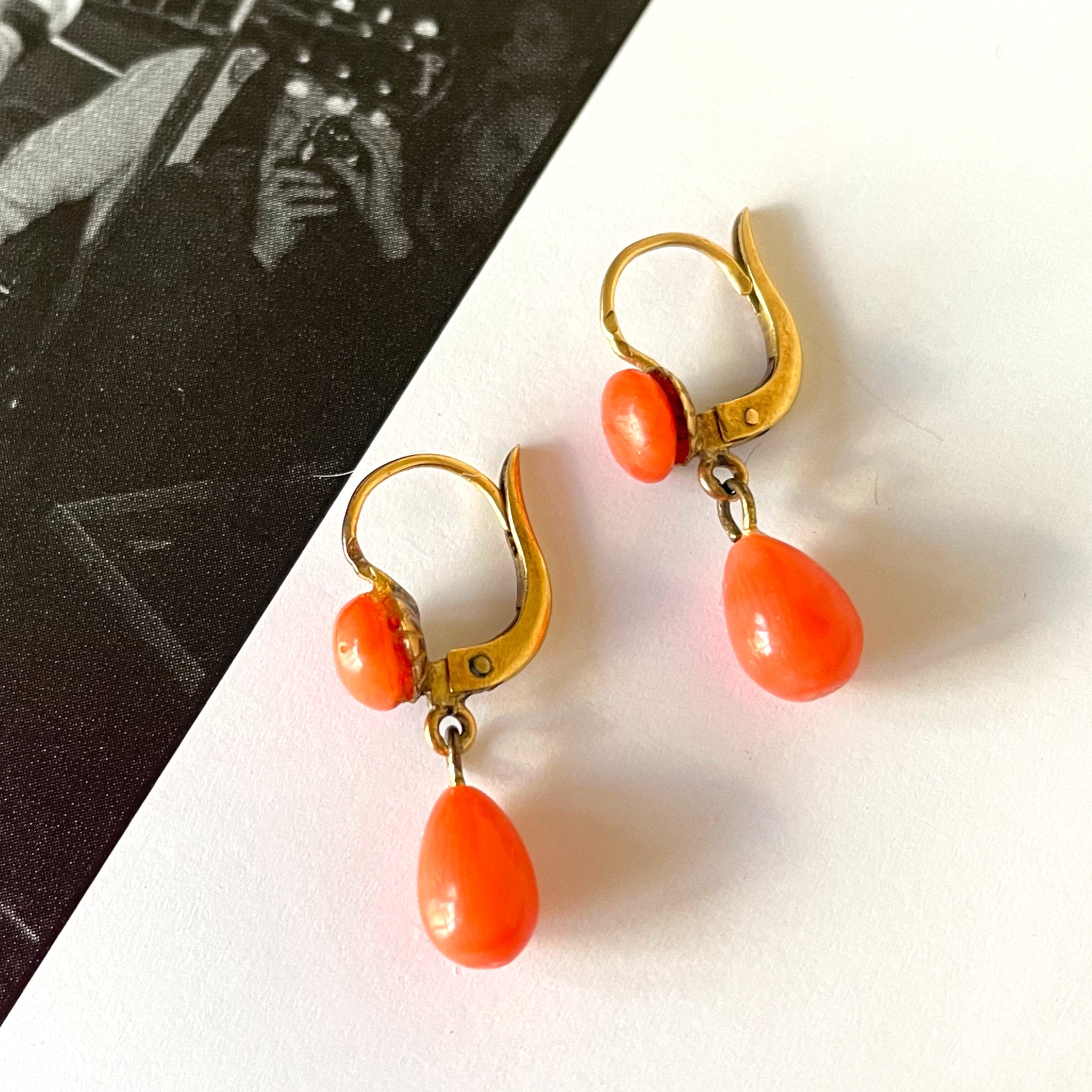Tequila Sunrise Antique Natural Coral Drop Earrings