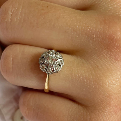 Diamond cluster ring with gold and platinum.