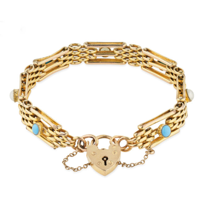 Sweethearts Together Vintage Gold Gate-Link Bracelet with Turquoise + Pearls