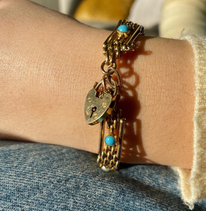 Sweethearts Together Vintage Gold Gate-Link Bracelet with Turquoise + Pearls