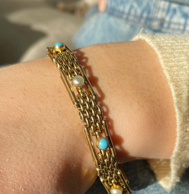 Sweethearts Together Vintage Gold Gate-Link Bracelet with Turquoise + Pearls