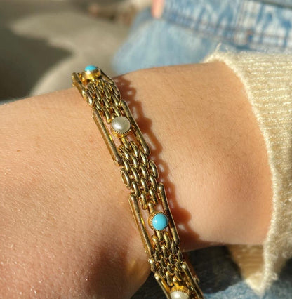 Sweethearts Together Vintage Gold Gate-Link Bracelet with Turquoise + Pearls