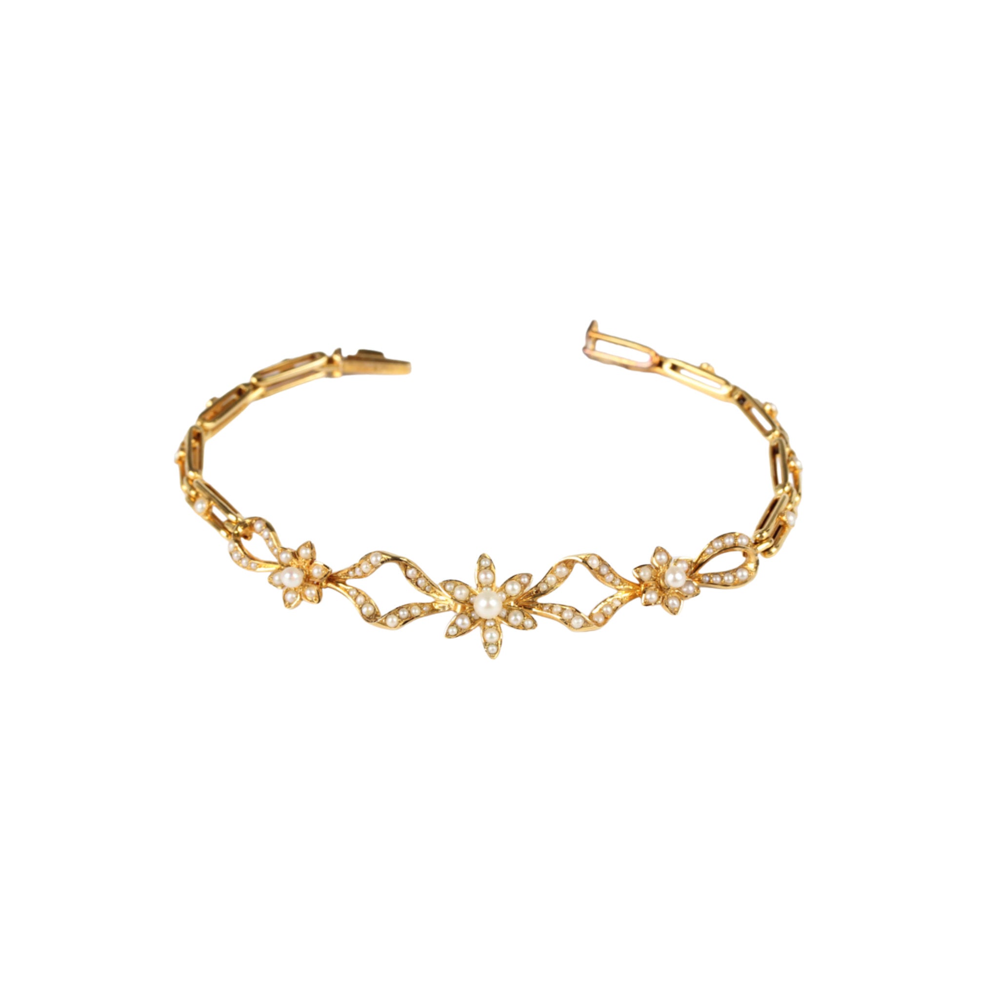 Love, Love Me Do Edwardian Gold and Seed Pearl Flowerhead Bracelet