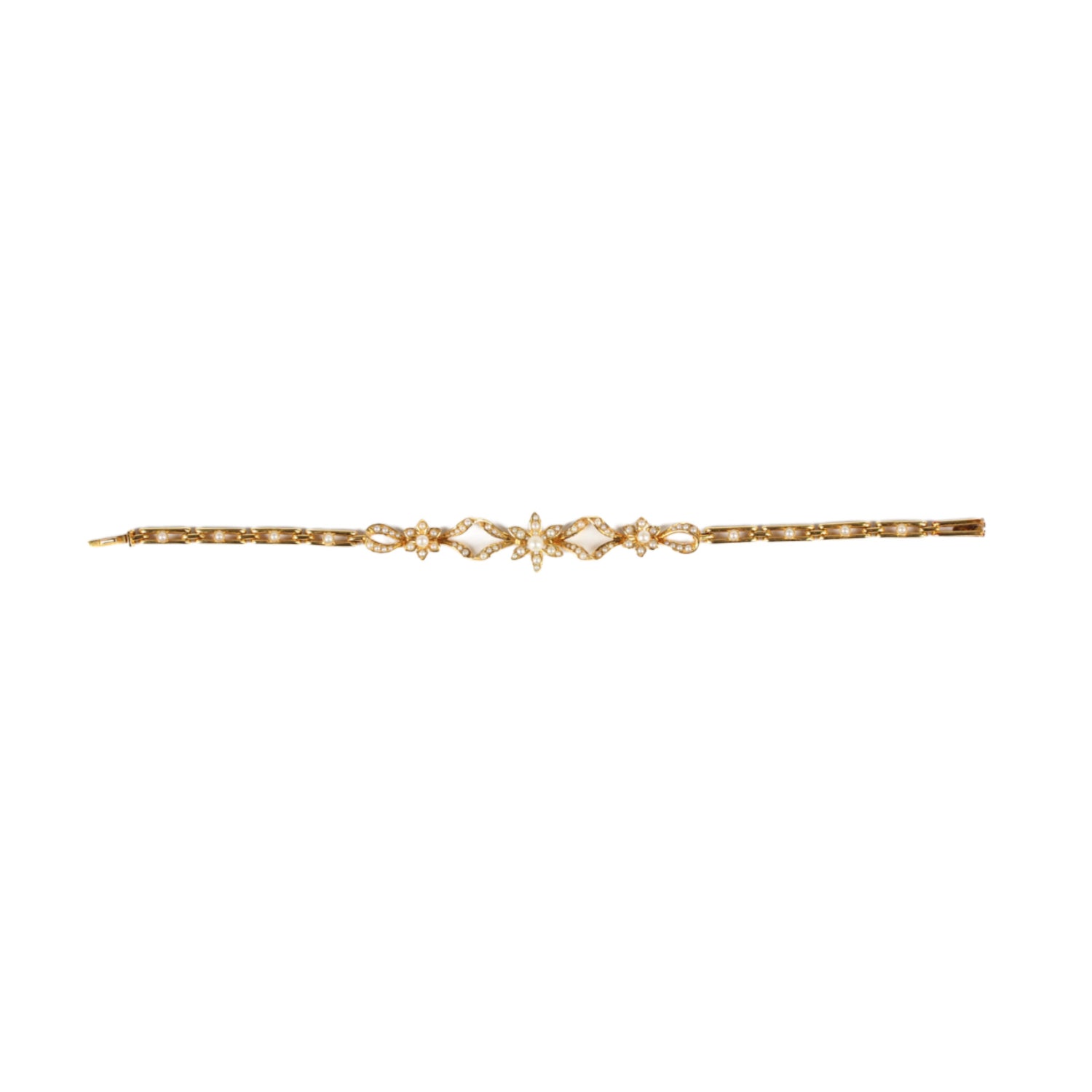 Love, Love Me Do Edwardian Gold and Seed Pearl Flowerhead Bracelet