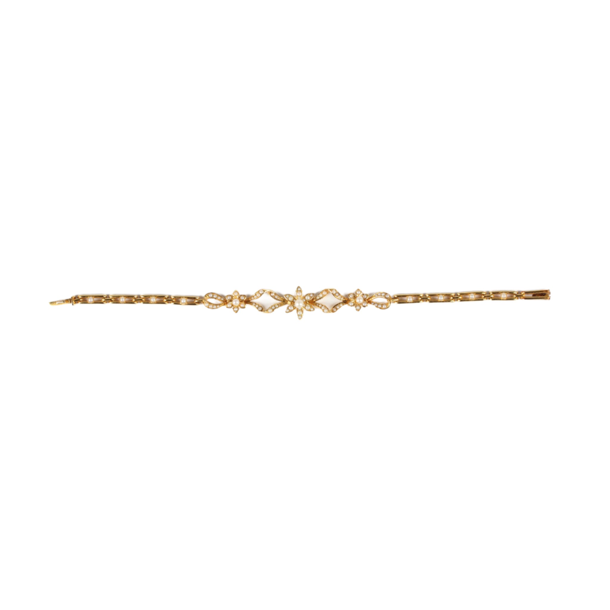 Love, Love Me Do Edwardian Gold and Seed Pearl Flowerhead Bracelet