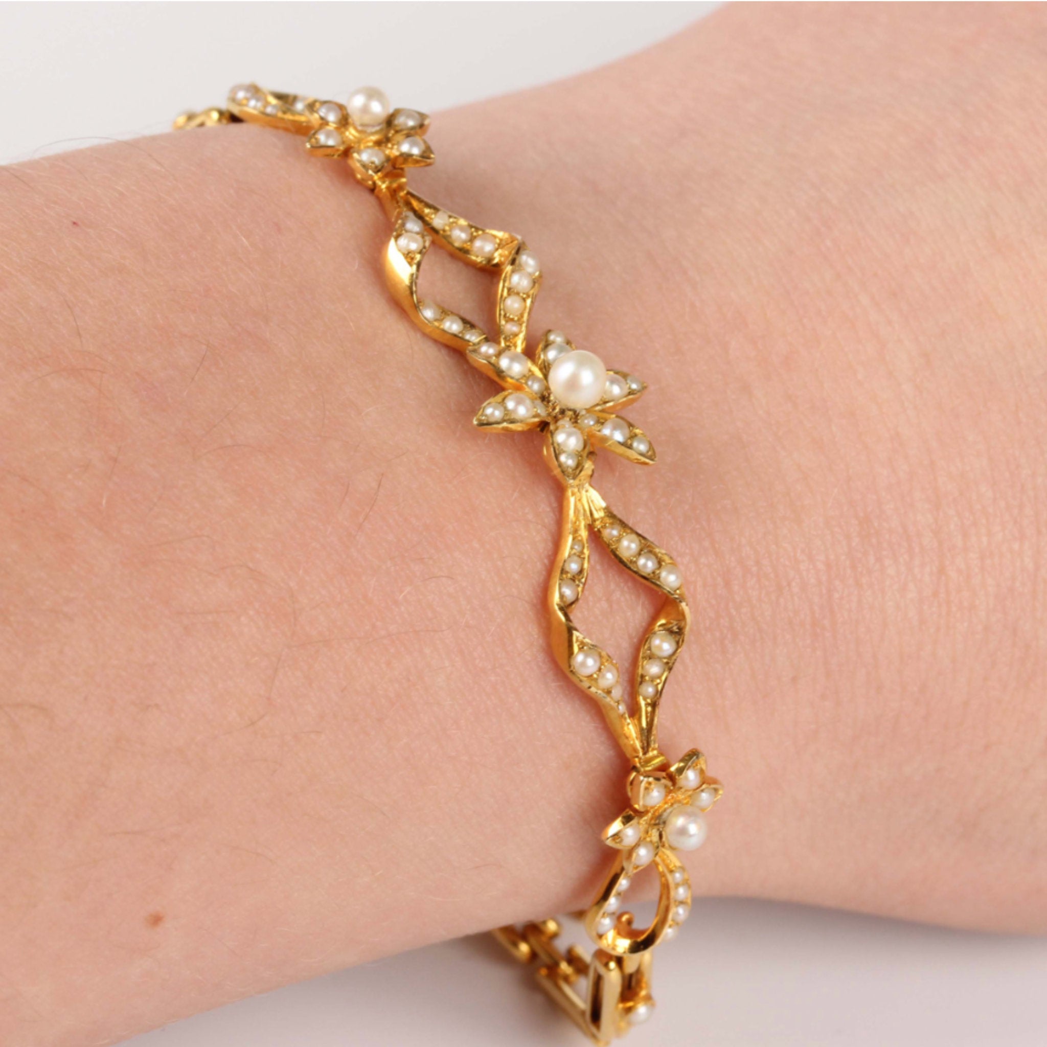 Love, Love Me Do Edwardian Gold and Seed Pearl Flowerhead Bracelet