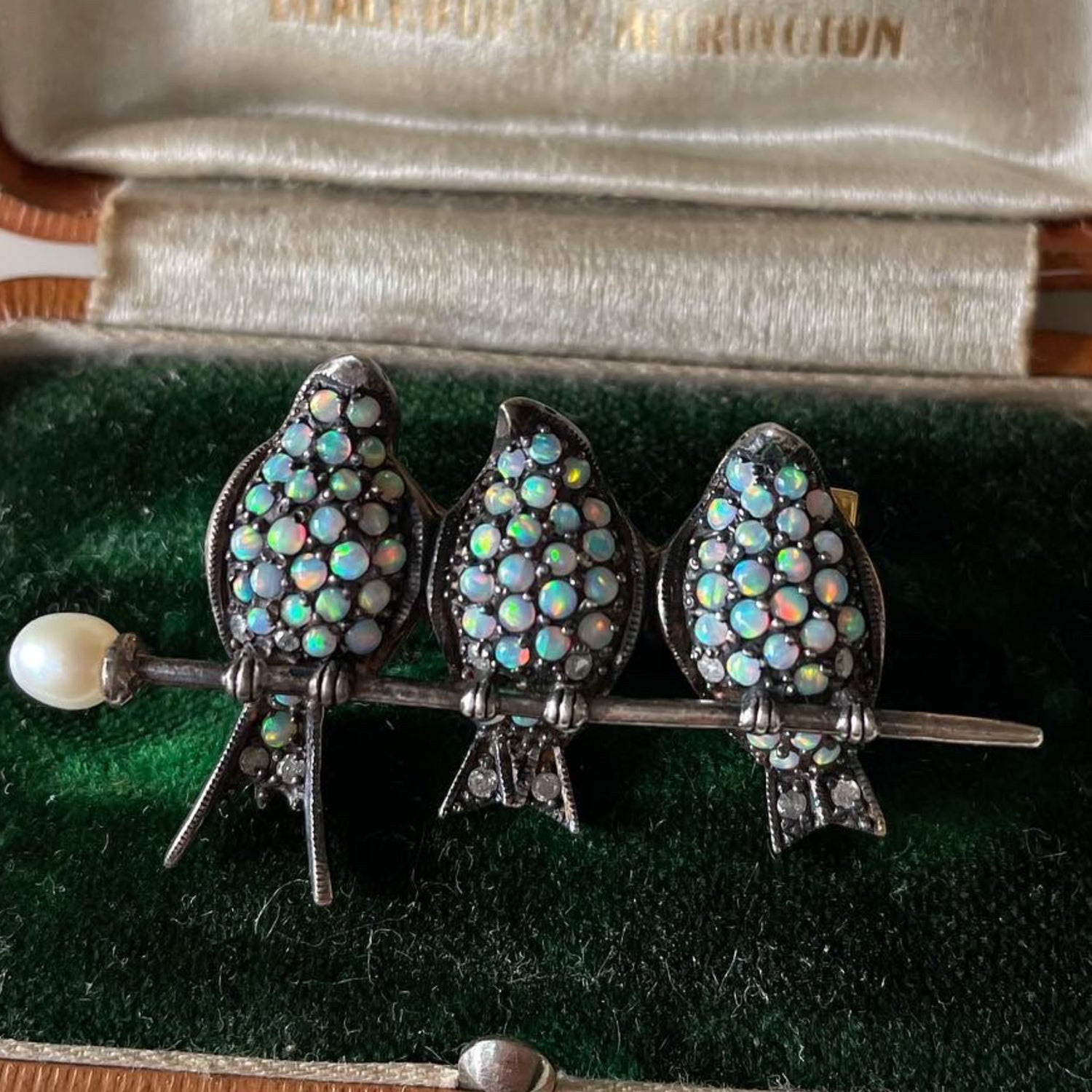 Three Little Birds Antique Bar Brooch with Opals and Diamonds