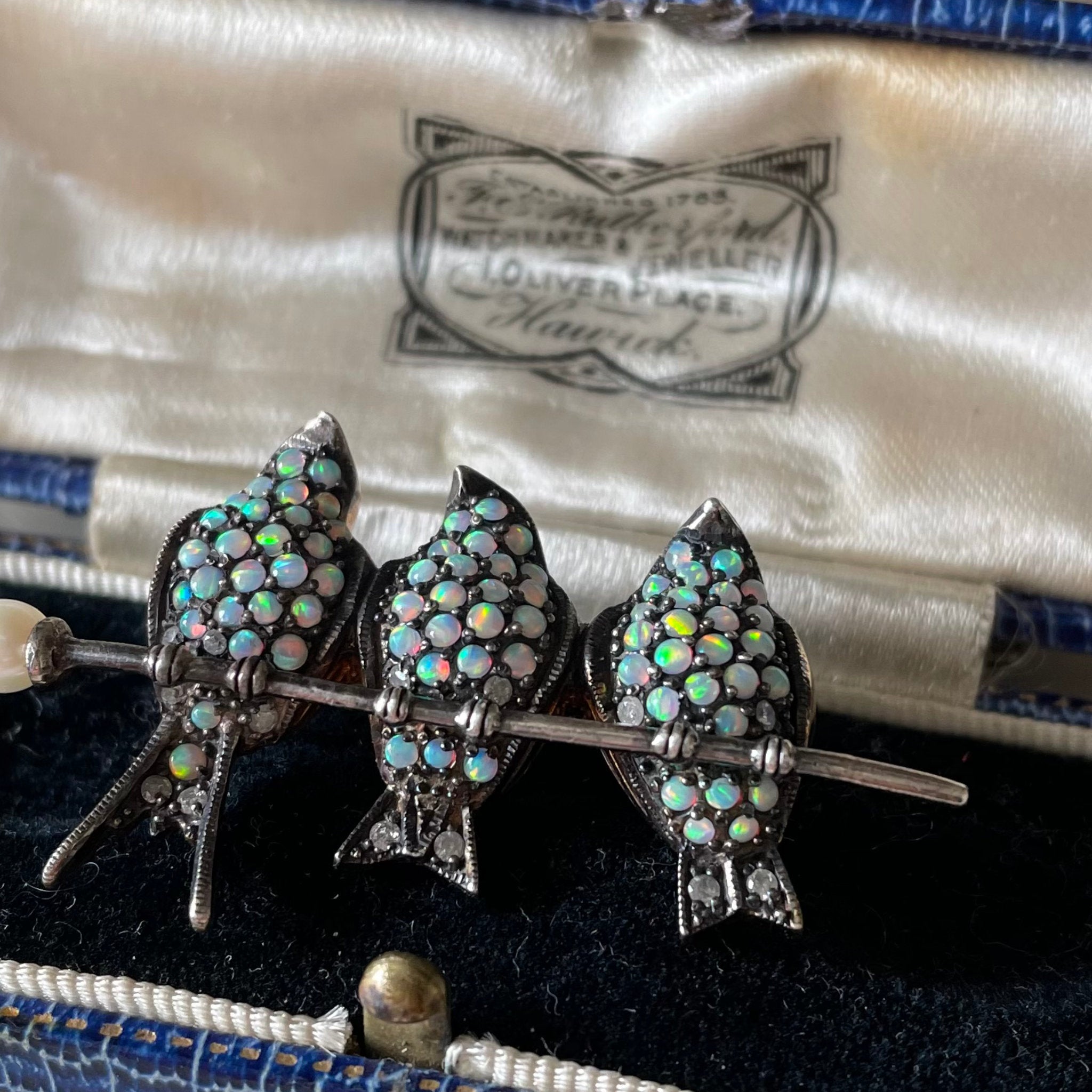 Three Little Birds Antique Bar Brooch with Opals and Diamonds