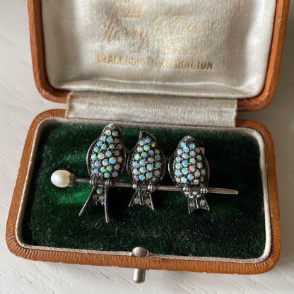 Three Little Birds Antique Bar Brooch with Opals and Diamonds
