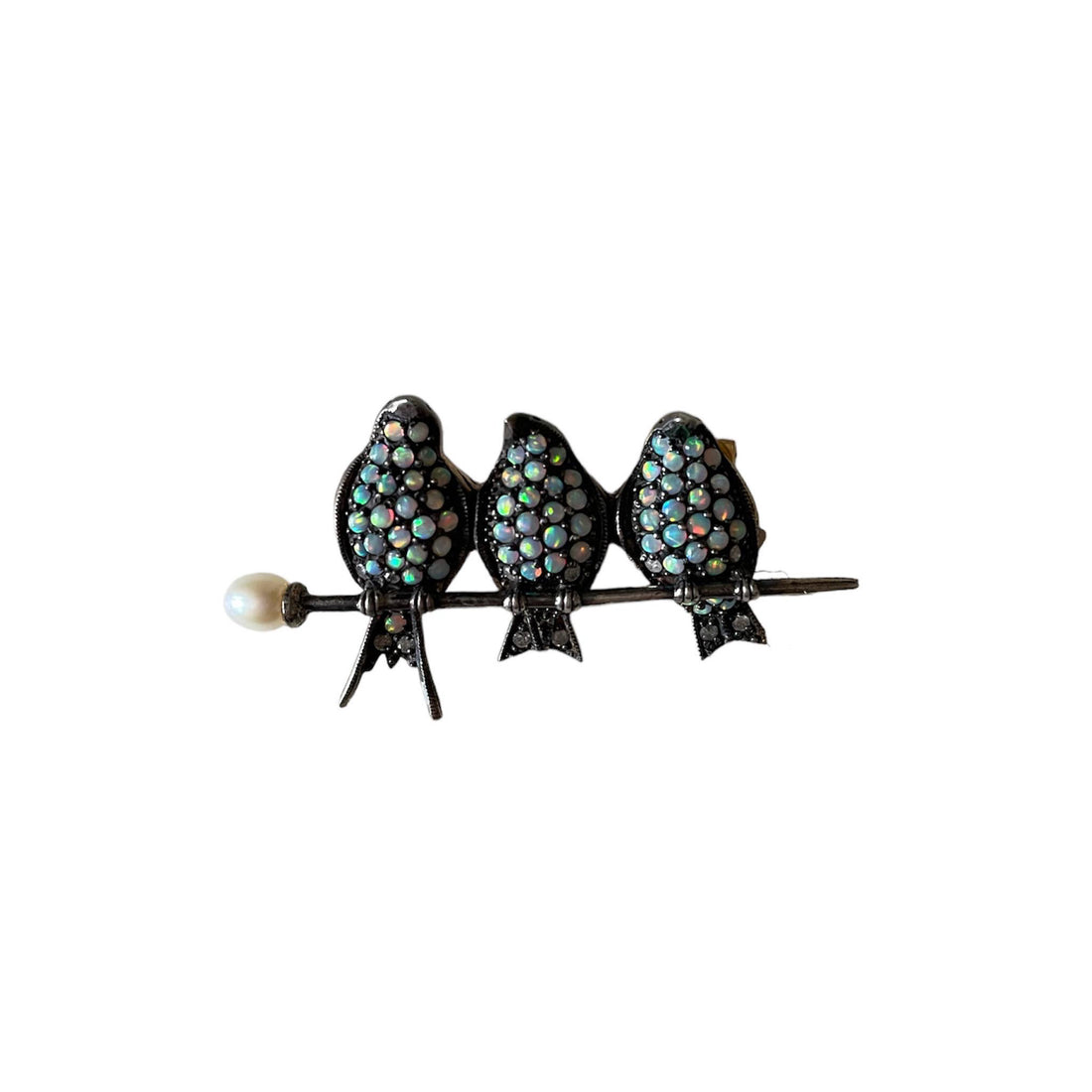Three Little Birds Antique Bar Brooch with Opals and Diamonds