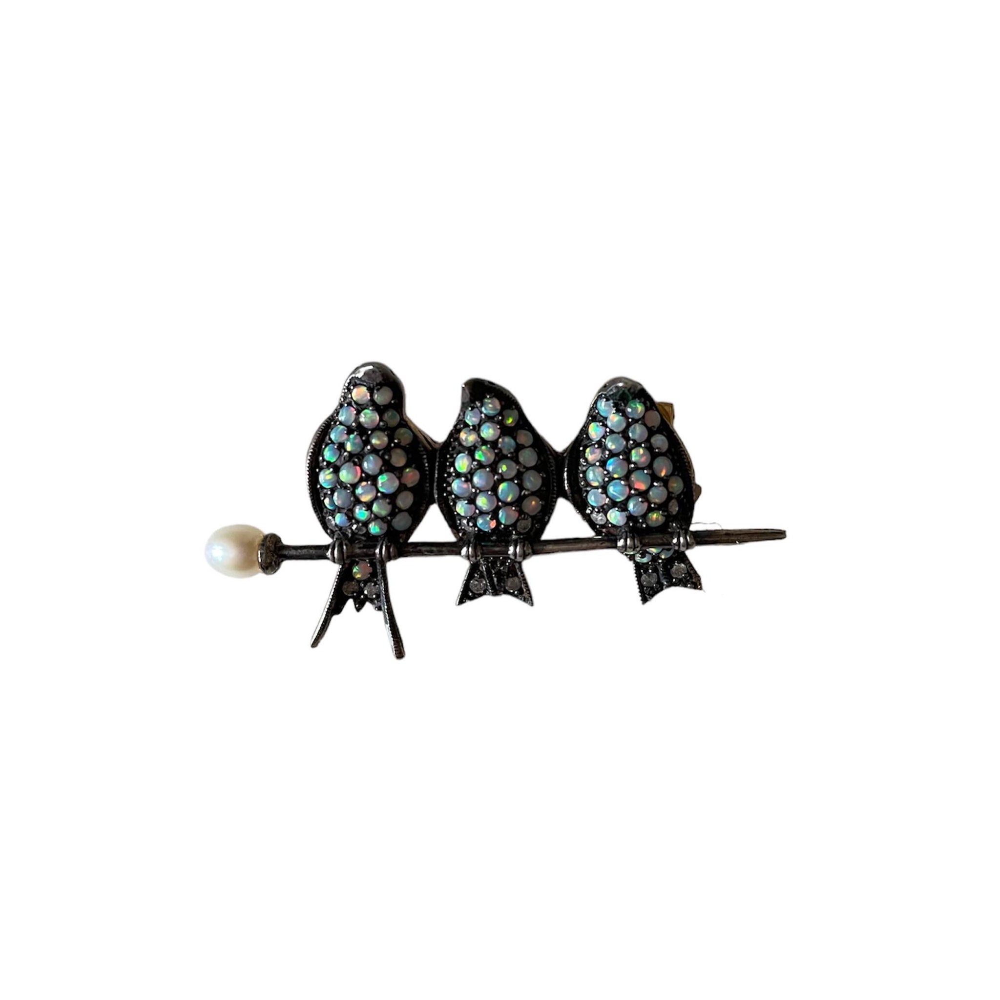 Three Little Birds Antique Bar Brooch with Opals and Diamonds