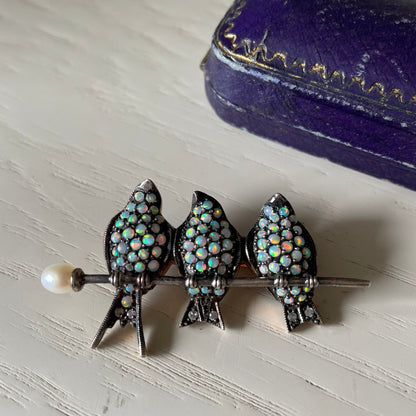 Three Little Birds Antique Bar Brooch with Opals and Diamonds