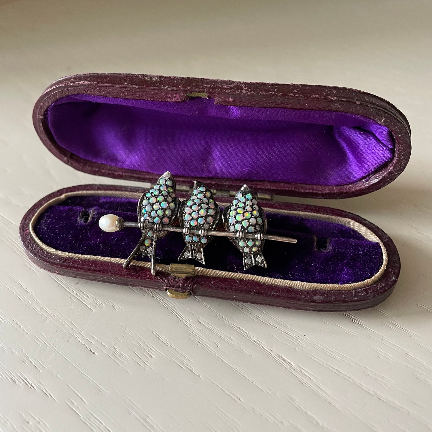 Three Little Birds Antique Bar Brooch with Opals and Diamonds