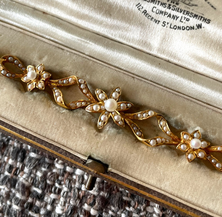 Love, Love Me Do Edwardian Gold and Seed Pearl Flowerhead Bracelet