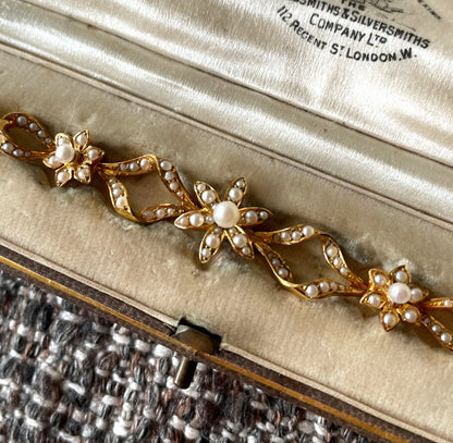 Love, Love Me Do Edwardian Gold and Seed Pearl Flowerhead Bracelet