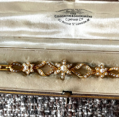 Love, Love Me Do Edwardian Gold and Seed Pearl Flowerhead Bracelet