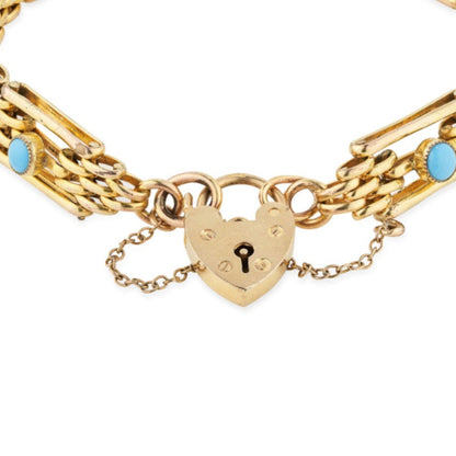 Sweethearts Together Vintage Gold Gate-Link Bracelet with Turquoise + Pearls