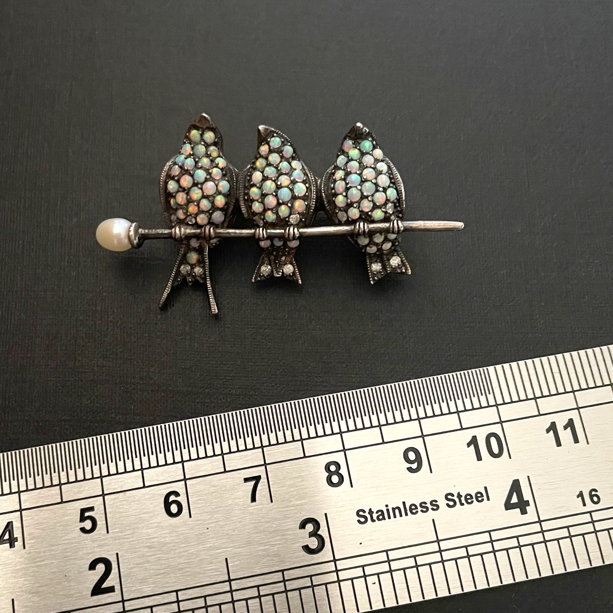 Three Little Birds Antique Bar Brooch with Opals and Diamonds