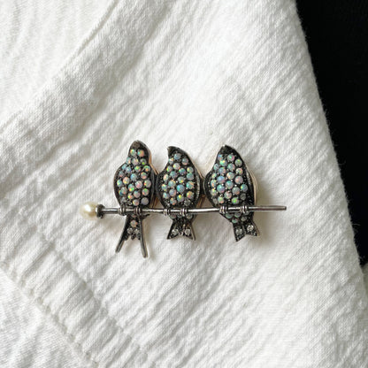 Three Little Birds Antique Bar Brooch with Opals and Diamonds