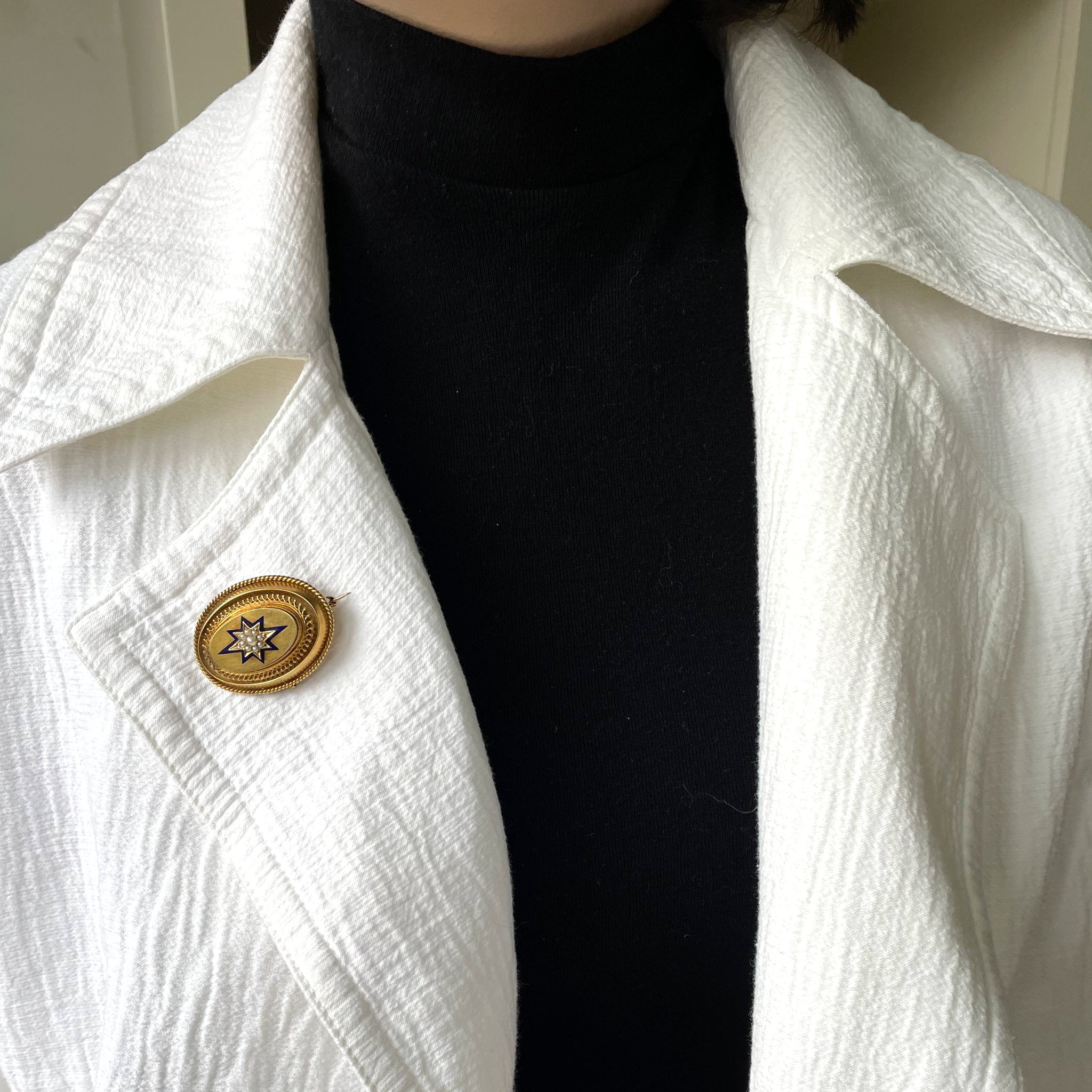 Shooting Star Antique Victorian Pearl and Enamel Locket Brooch